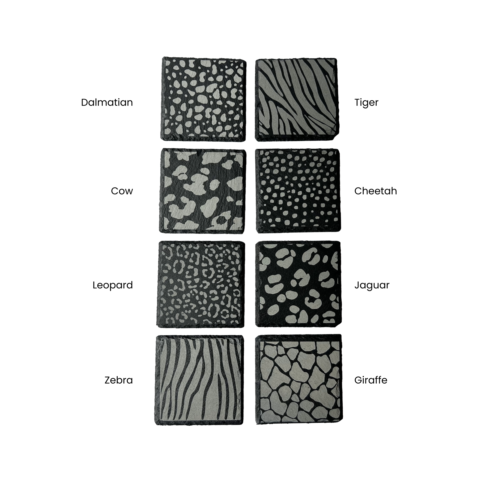 Animal-Print-Square-Coasters Design Options Dalmatian, Tiger, Cow, Cheetah, Leopard, Jaguar, Zebra, Giraffe