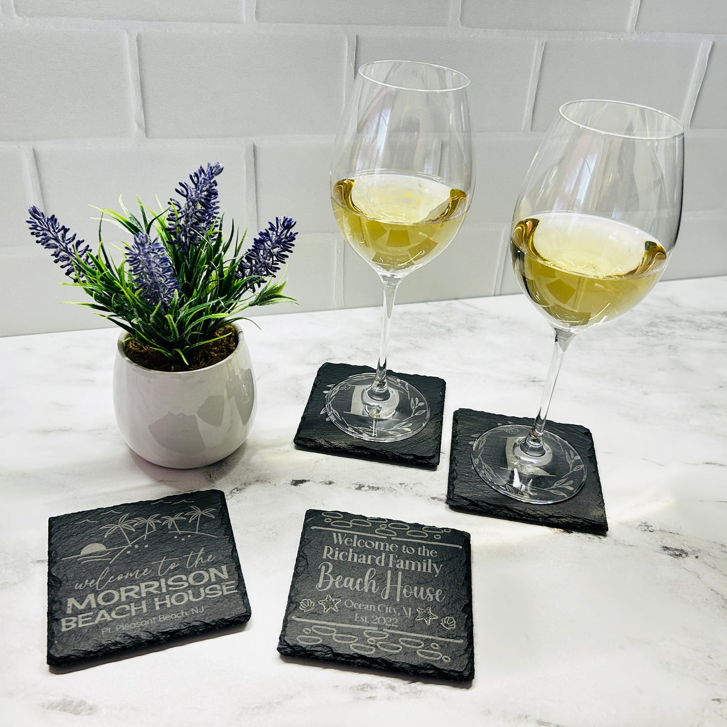 Personalized Beach House Square Slate Coasters Set of 8 with Holder