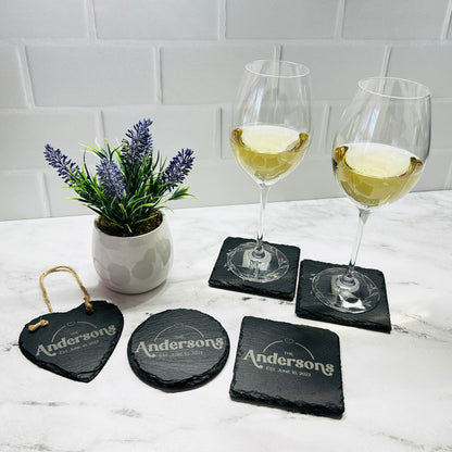 Personalized Couple Names Gift Set with Set of 8 Coasters and Heart-Shaped Sign