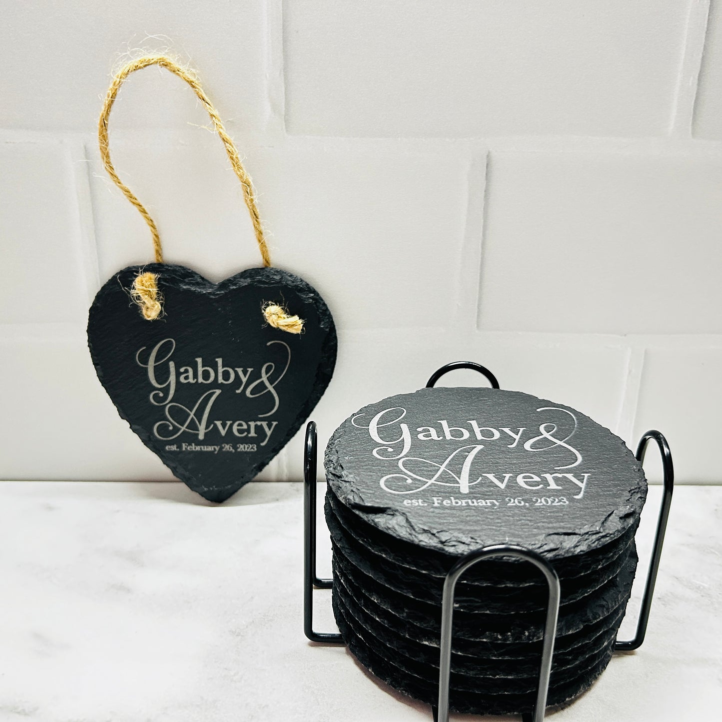 Personalized Couple Names Gift Set with Set of 8 Coasters and Heart-Shaped Sign