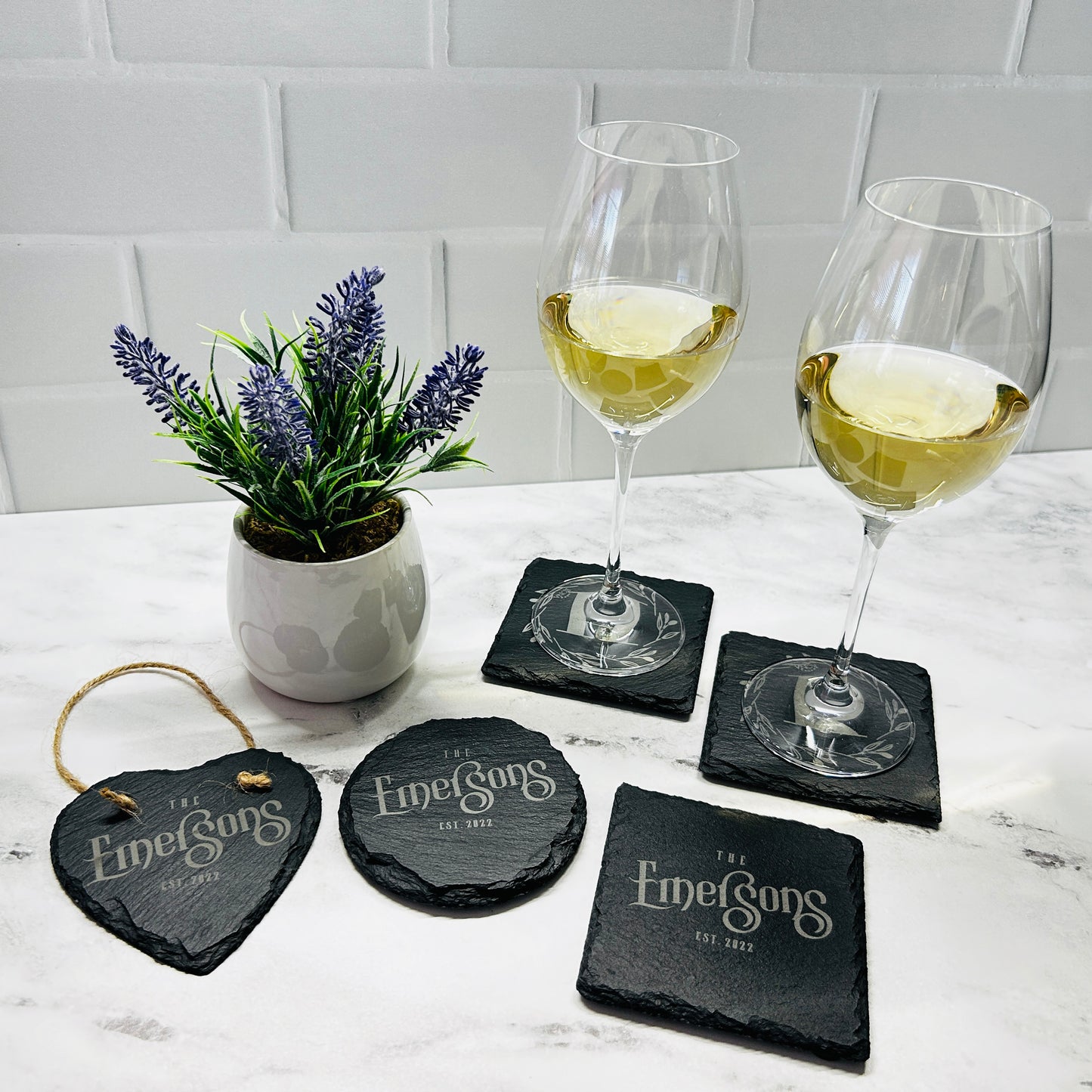 Personalized Couple Names Gift Set with Set of 8 Coasters and Heart-Shaped Sign