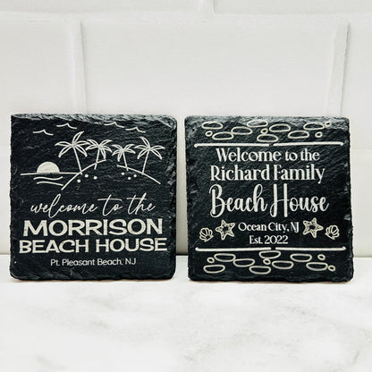 Personalized Beach House Square Slate Coasters Set of 8 with Holder