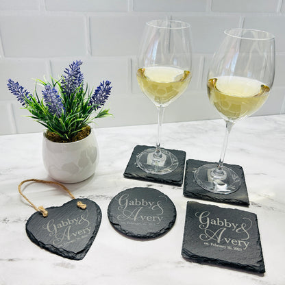 Personalized Couple Names Gift Set with Set of 8 Coasters and Heart-Shaped Sign