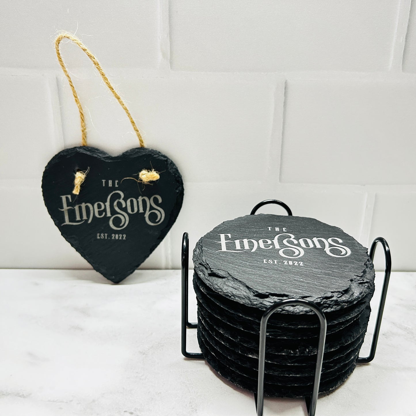 Personalized Couple Names Gift Set with Set of 8 Coasters and Heart-Shaped Sign