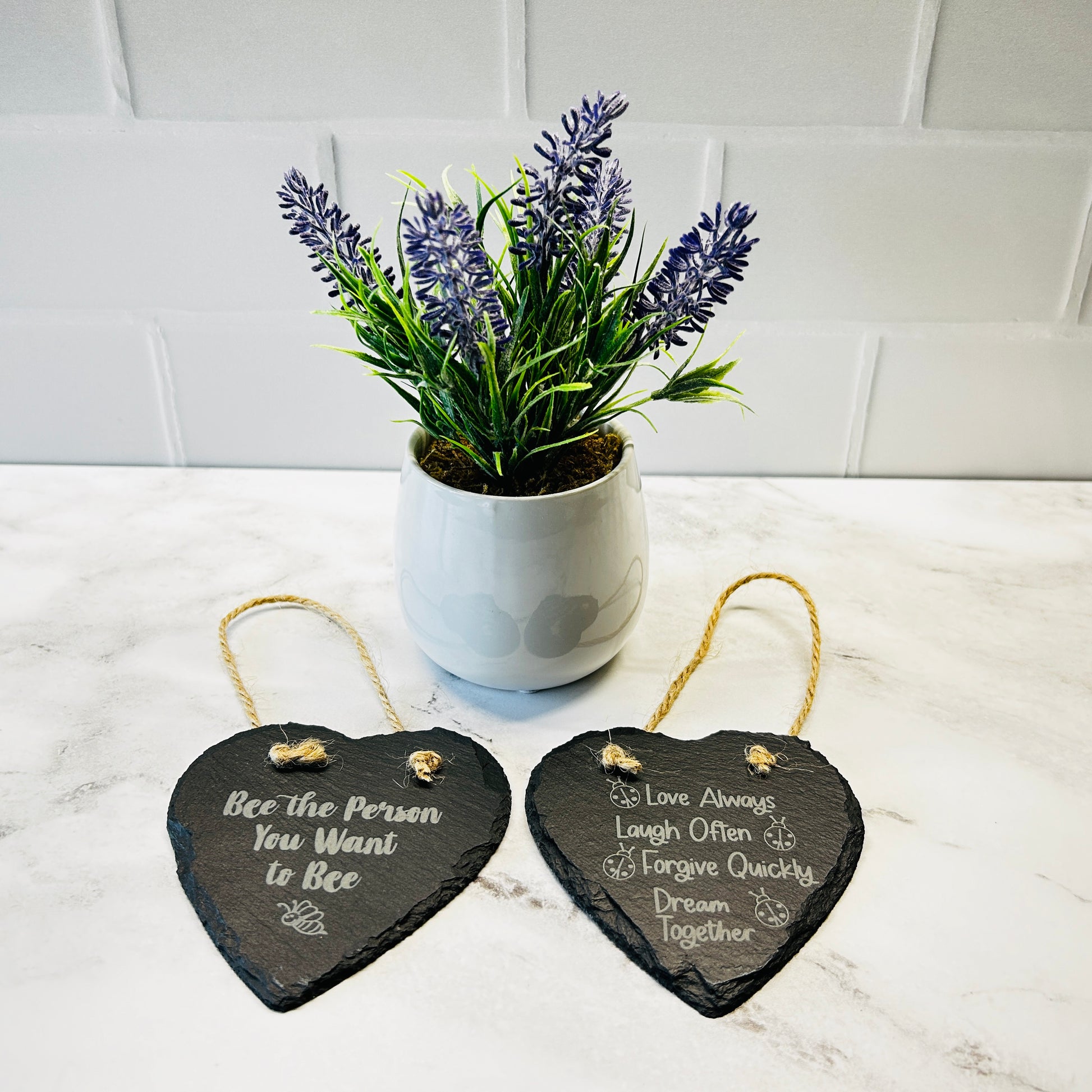 Heart-Shaped Inspirational heart hanging signs with plant