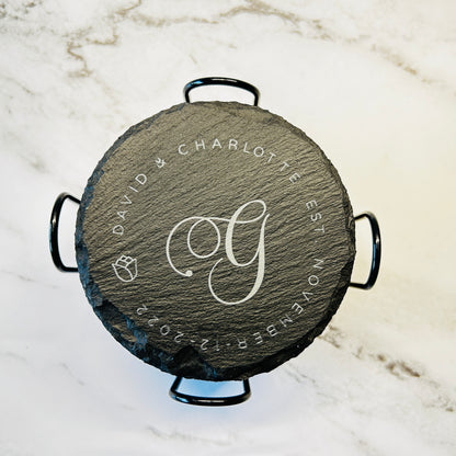 Round Coasters Script G with first names and date top view