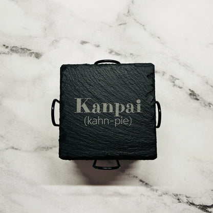 Kanpai Set of 8 Cheers from Around the World Slate Square Coasters