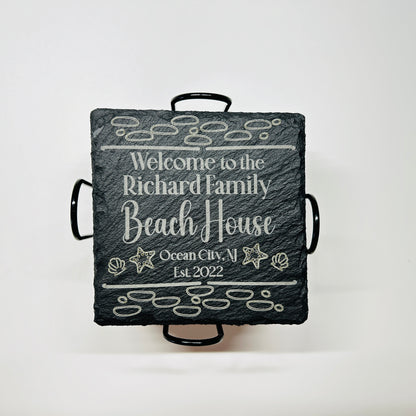 Personalized Beach House Square Slate Coasters Set of 8 with Holder