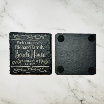 Personalized Beach House Square Slate Coasters Set of 8 with Holder