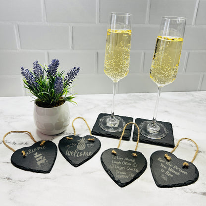 Welcome and Inspiration Hanging Heart Signs with Champagne and plant