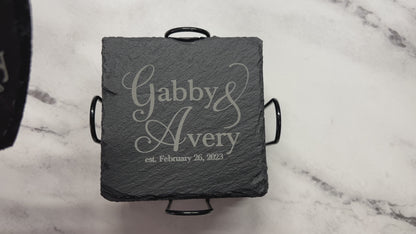 Personalized Couple Names Gift Set with Set of 8 Coasters and Heart-Shaped Sign